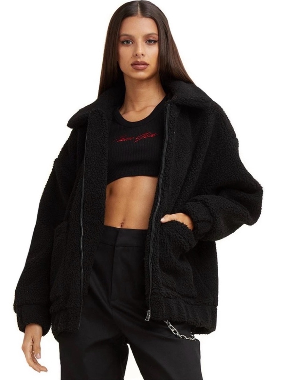 I.AM.GIA Pixie Teddy Oversized Jacket in Black, Size XS